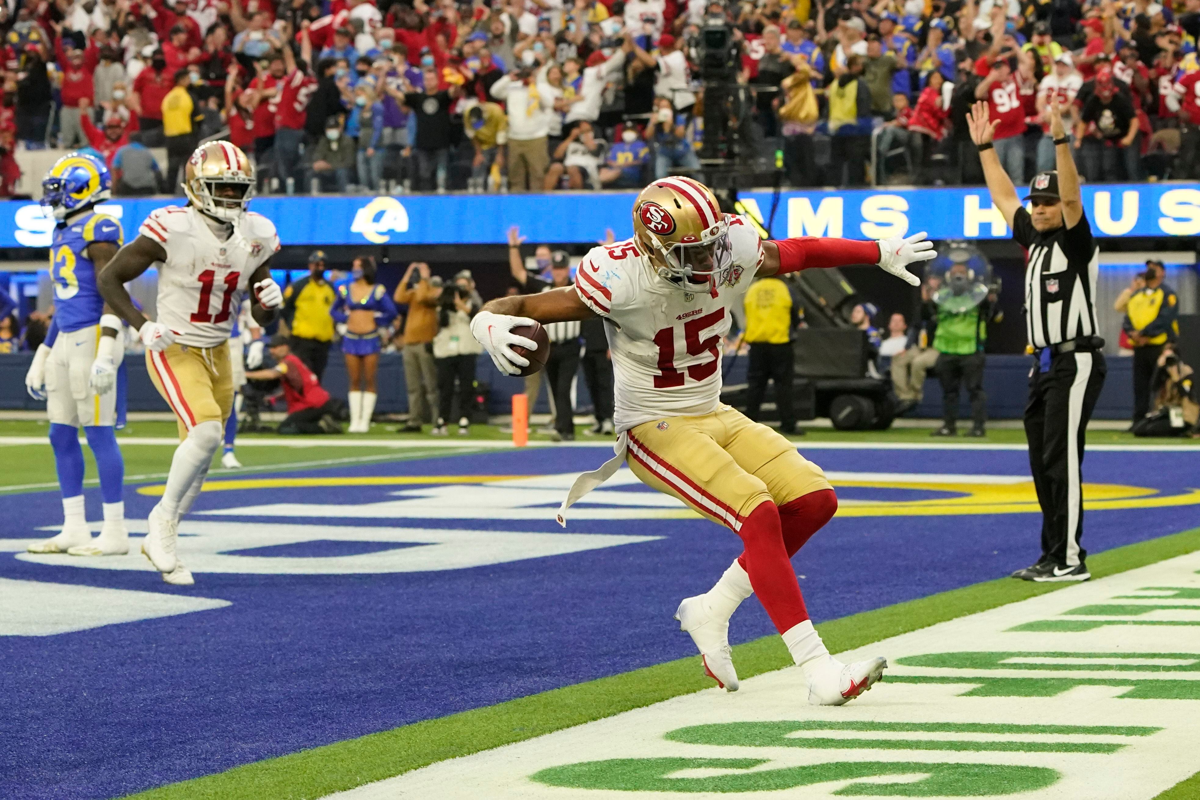 San Francisco 49ers wide receiver Jauan Jennings (15) runs a route against  the Los Angeles Rams during the NFL NFC Championship game, Sunday, Jan. 30,  2022 in Inglewood, Calif. The Rams defeated