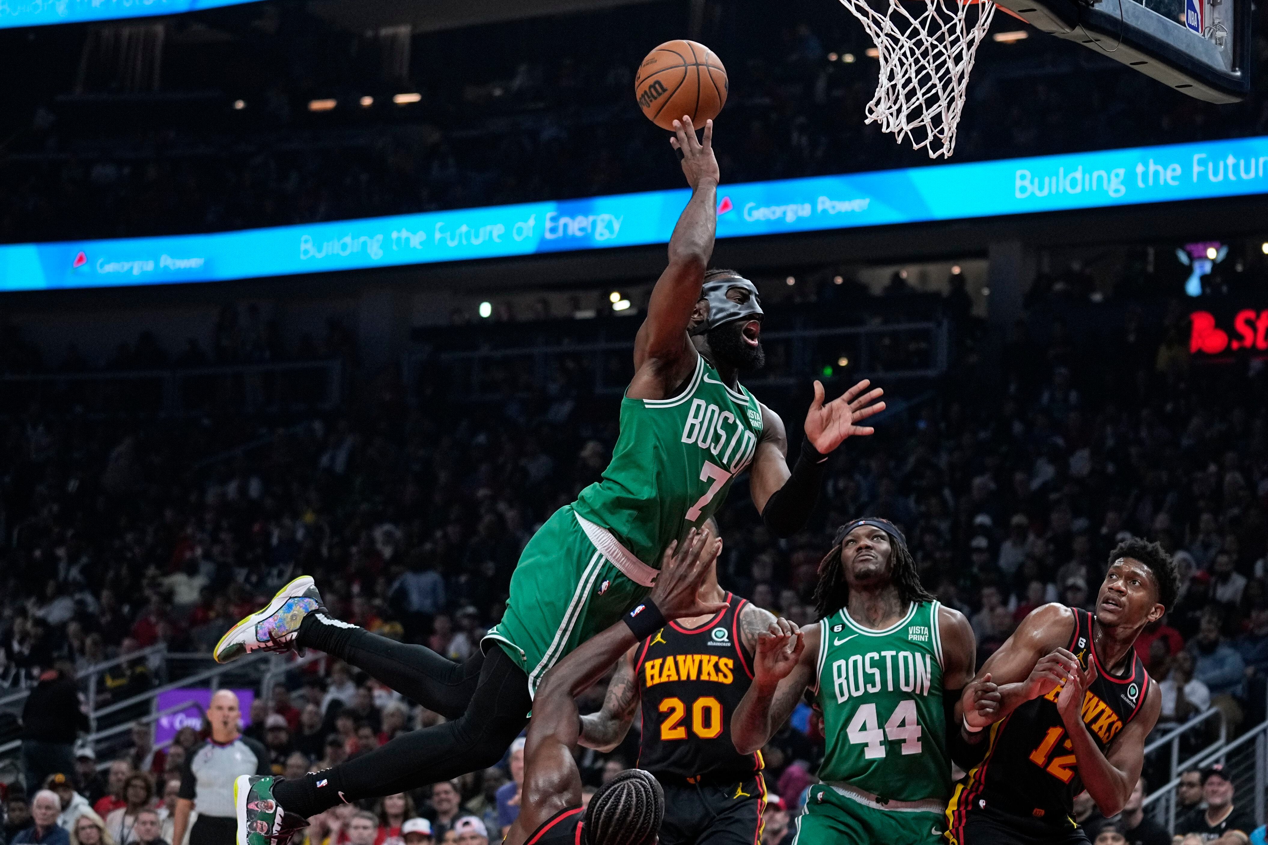 Atlanta Hawks guard Bogdan Bogdanovic (13) shoots the ball against the  Boston Celtics the fourth quarter of game one of the 2023 NBA playoffs at  TD Garden.