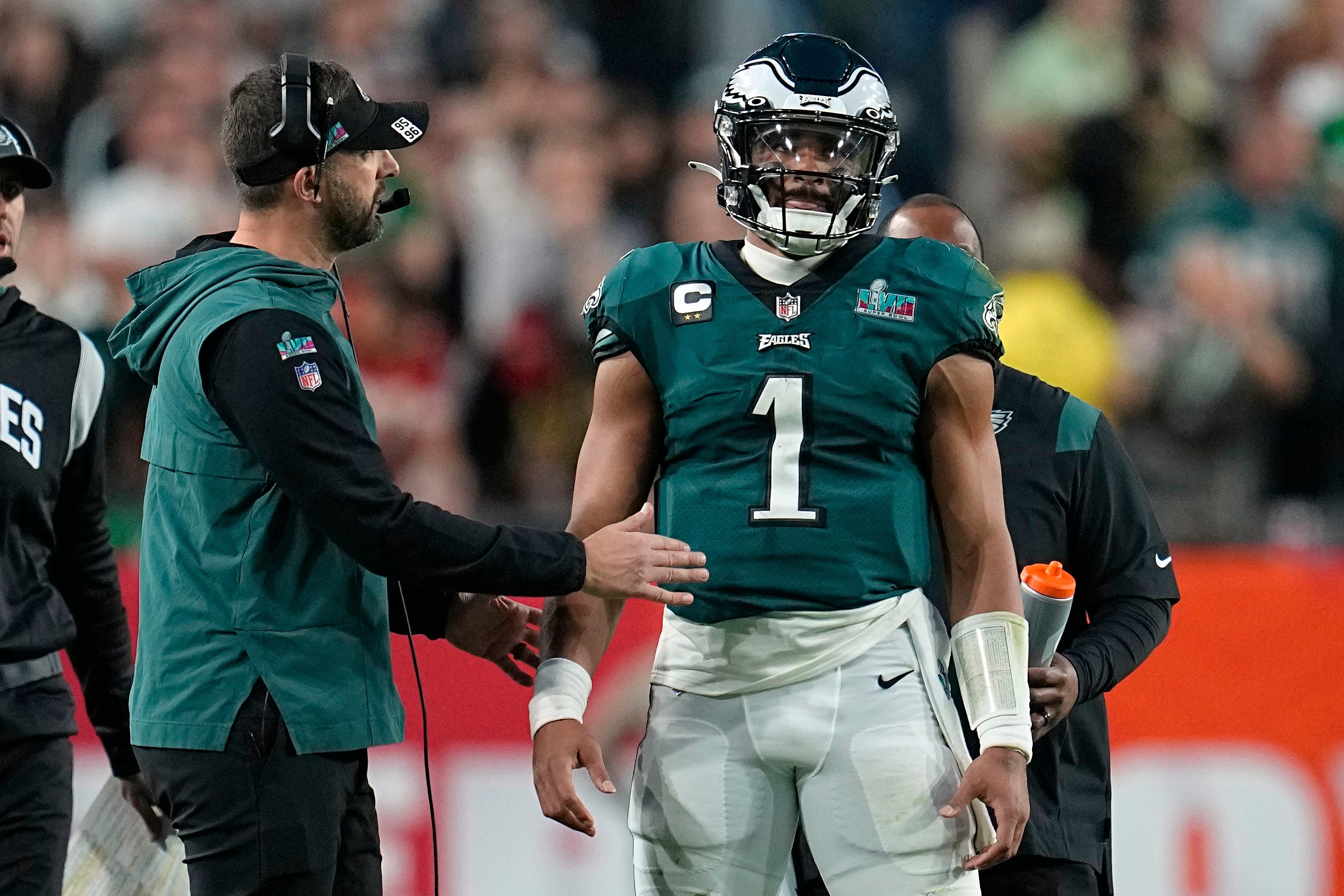 Philadelphia Eagles coaches Nick Sirianni, Jonathan Gannon and QB