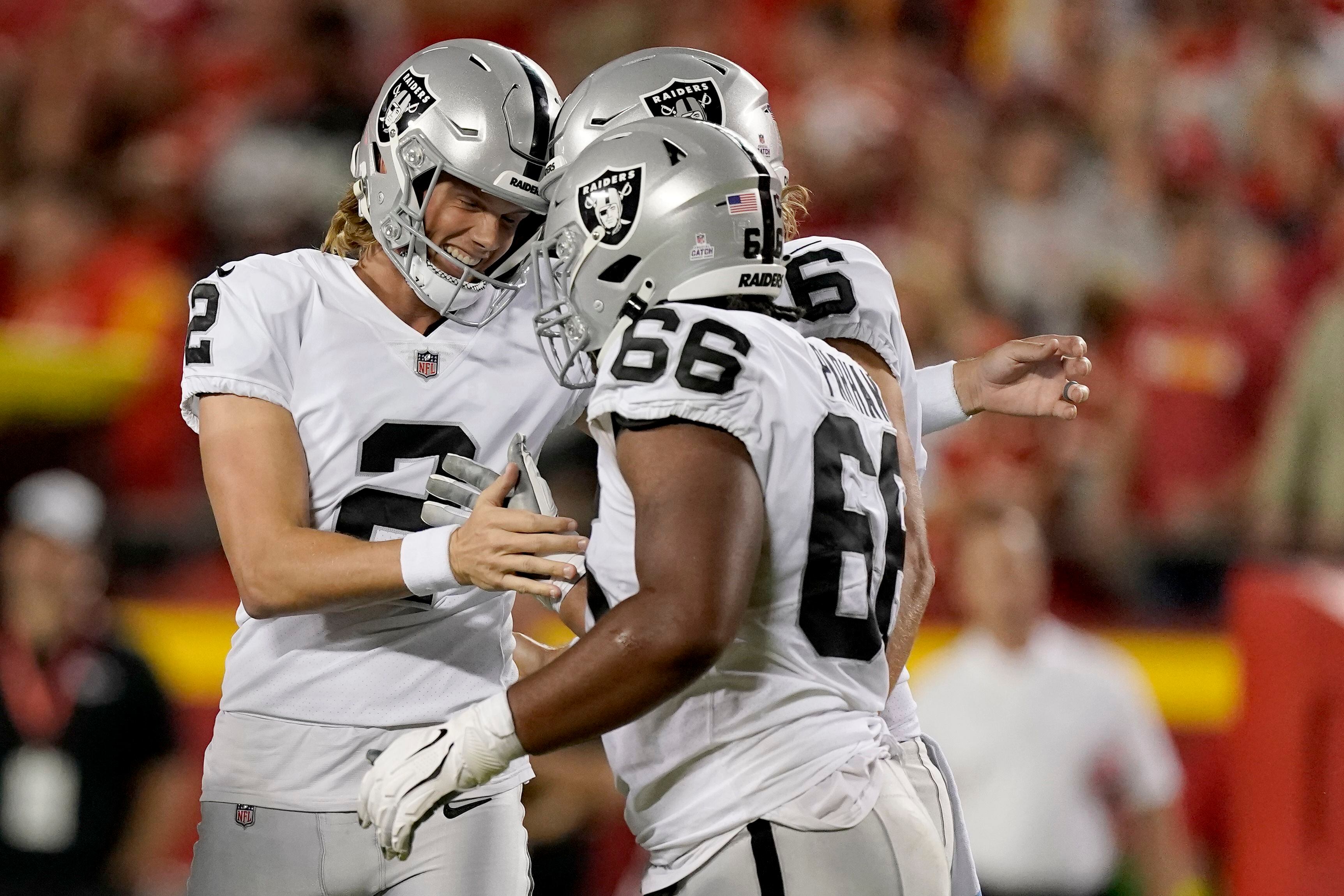 Malcolm Koonce of the Las Vegas Raiders reacts after a play during