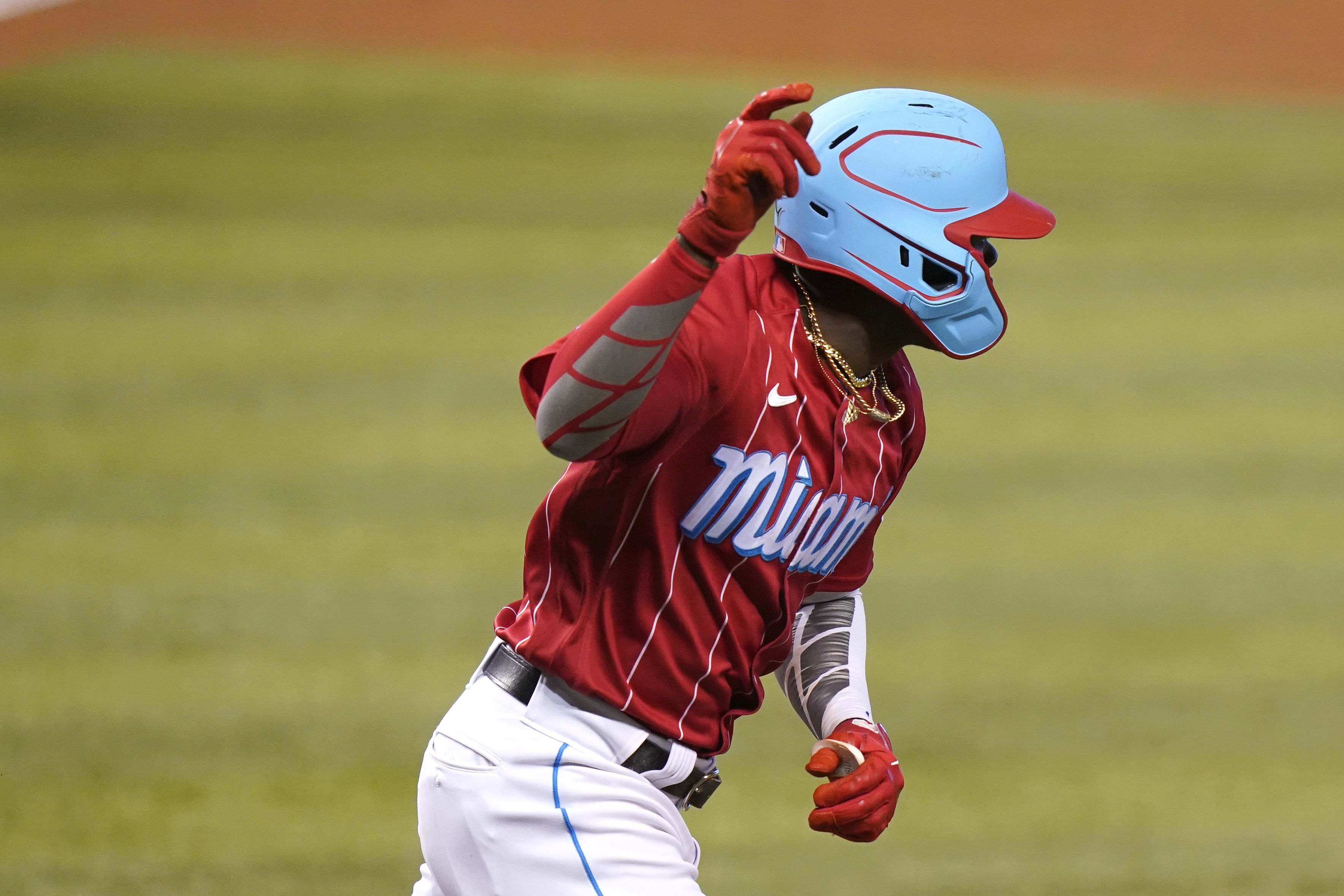 Jazz Chisholm Jr. #2 of the Miami Marlins bats in the game against in  2023