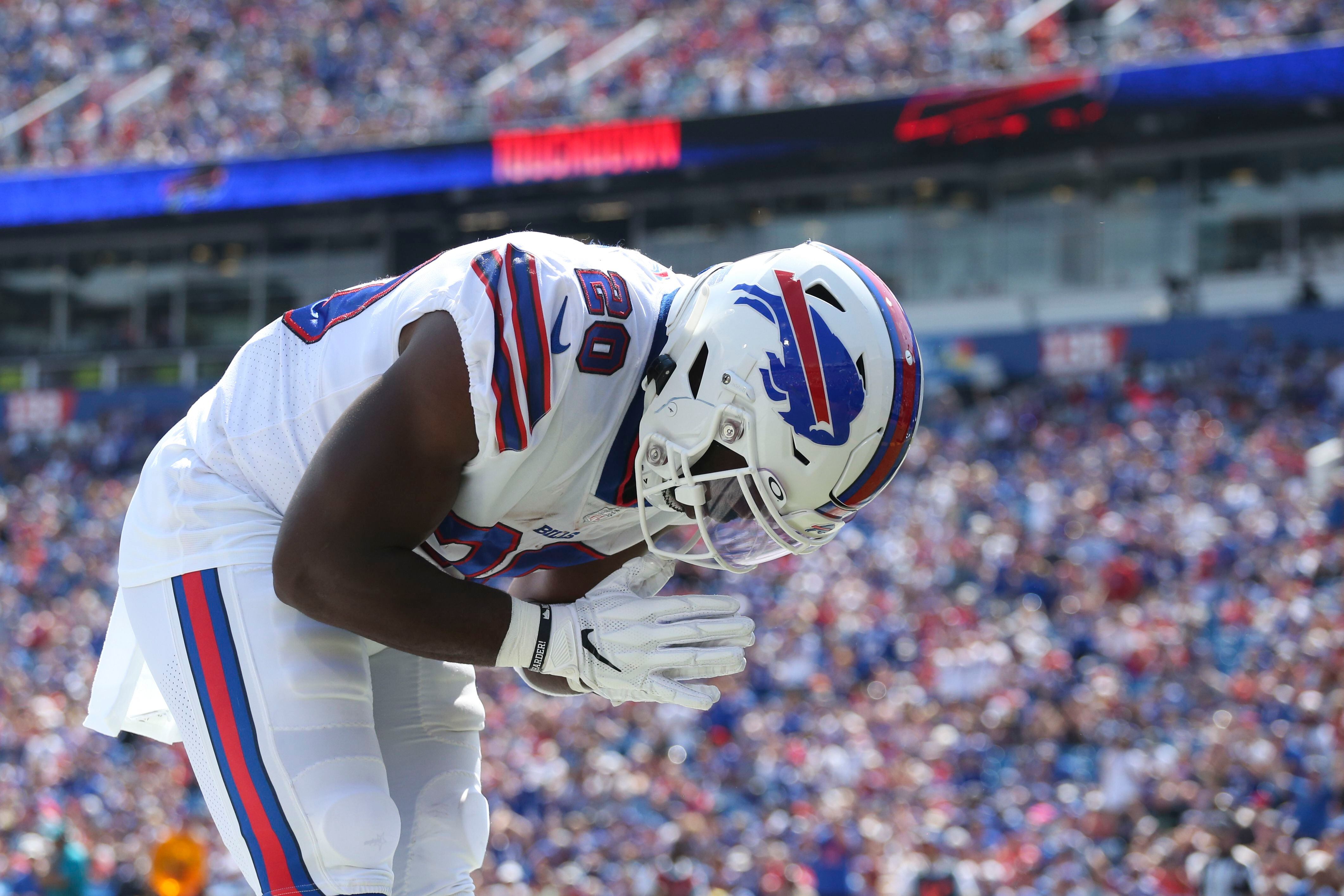 Buffalo Bills' Duke Johnson, left, celebrates after scoring a touchdown  during the second half of a preseason NFL football game against the Denver  Broncos, Saturday, Aug. 20, 2022, in Orchard Park, N.Y. (