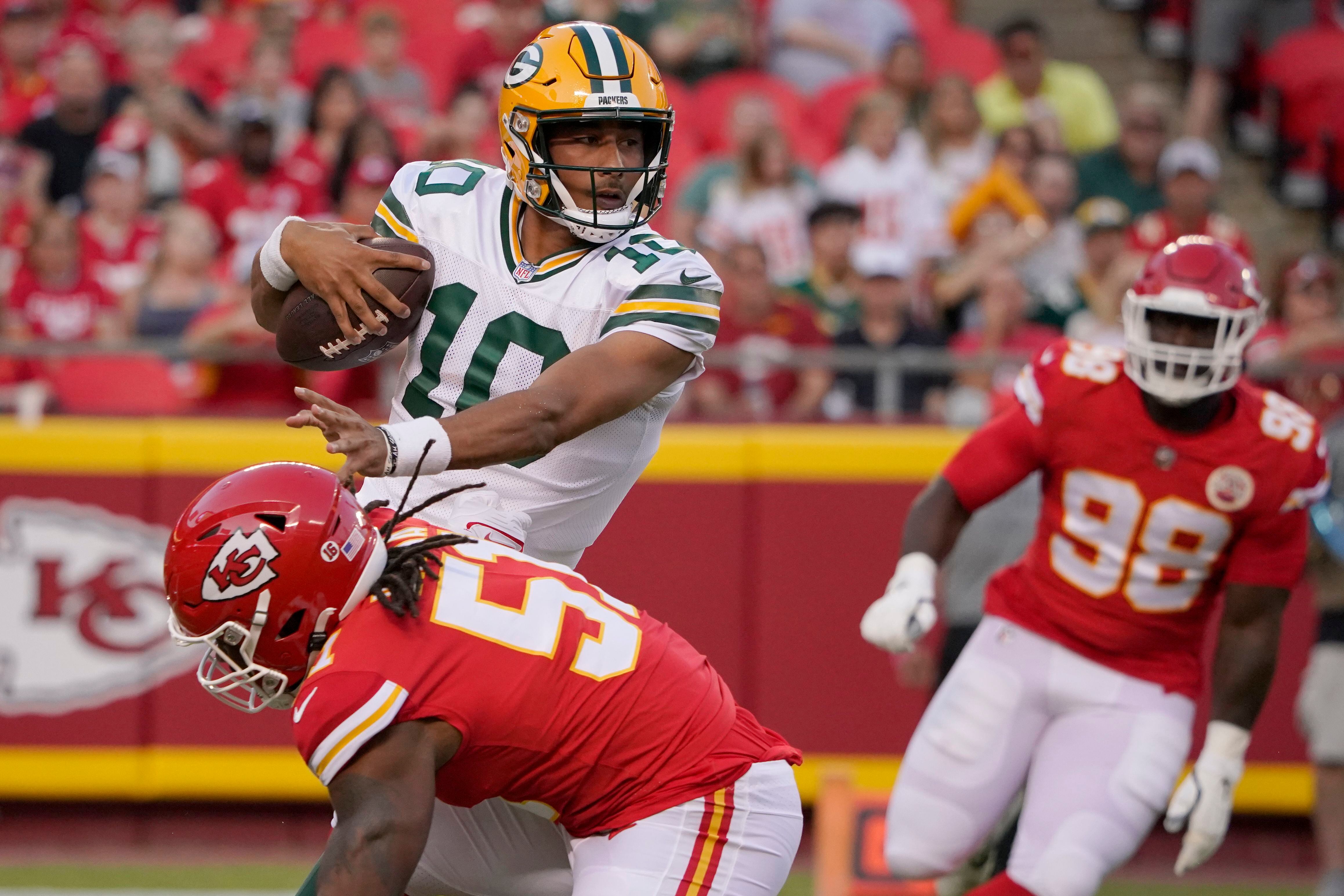 Kansas City Chiefs running back Isiah Pacheco (10) runs with the ball  before an NFL pre-season football game against the Green Bay Packers  Thursday, Aug. 25, 2022, in Kansas City, Mo. (AP