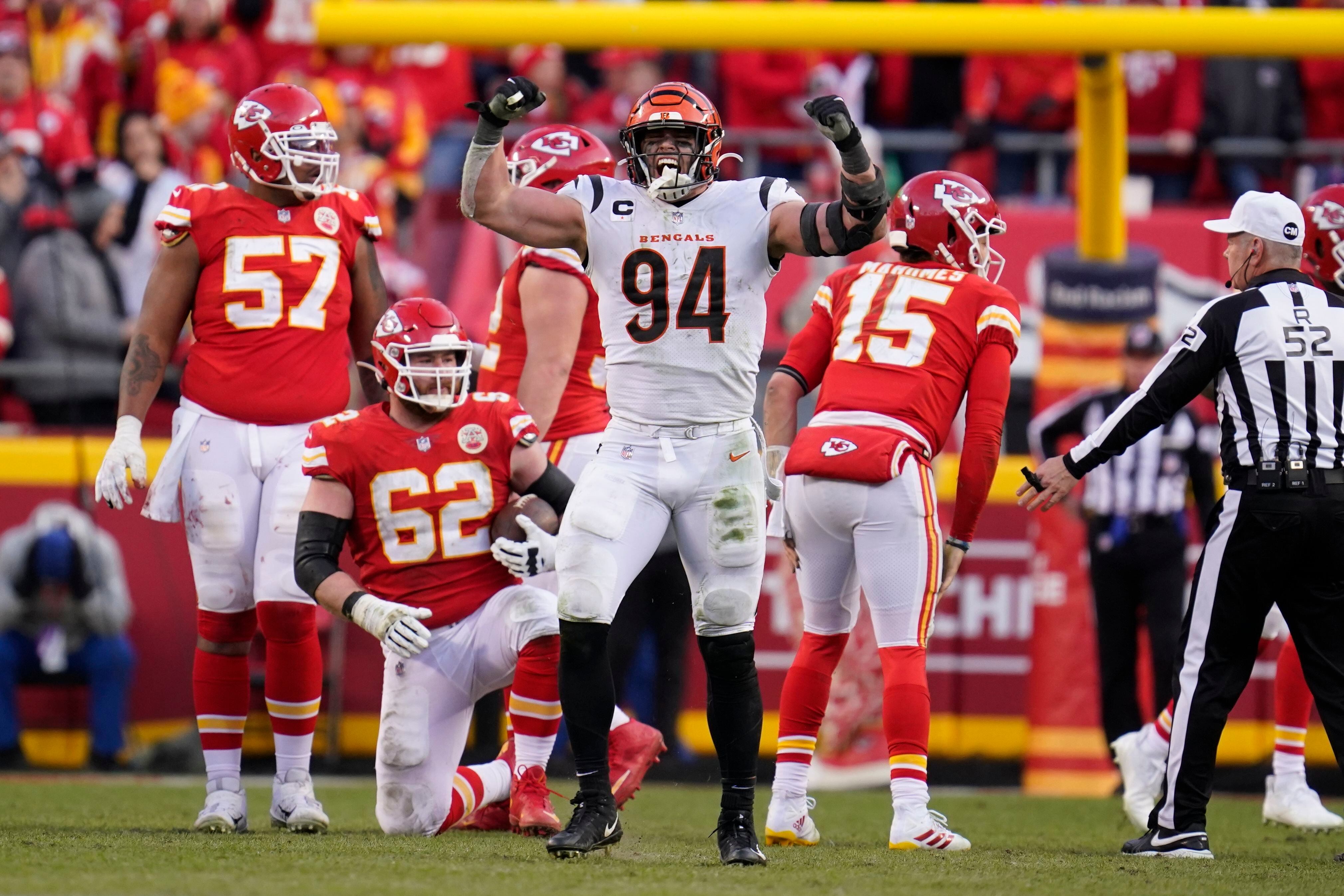 Cincinnati Bengals wide receiver Trent Taylor (11) and Cincinnati Bengals  wide receiver Ja'Marr Chase (1) celebrate a two-point conversion to tie the  game against the Kansas City Chiefs during the second half