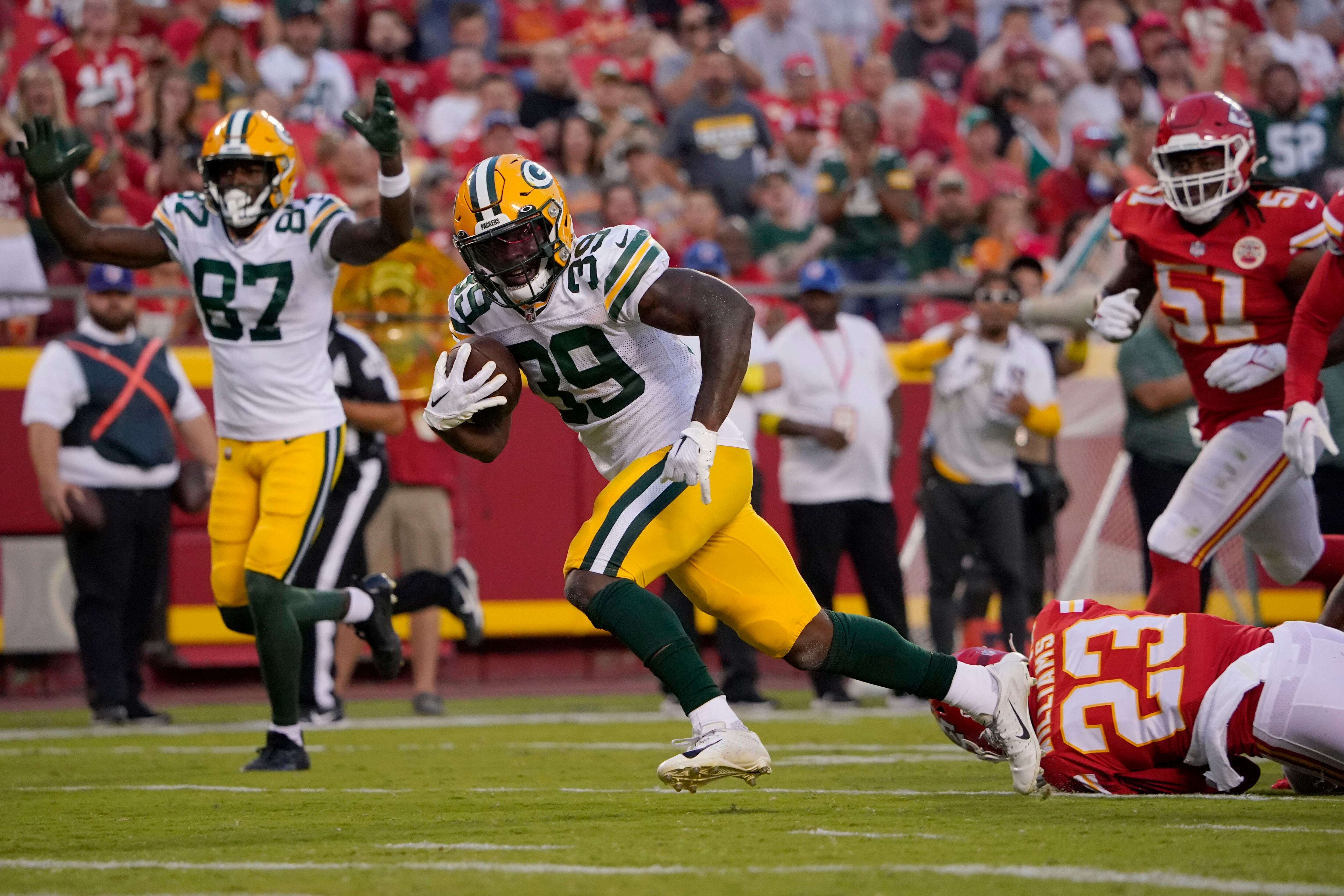 Kansas City Chiefs running back Isiah Pacheco (10) runs with the ball  during an NFL pre-season football game against the Green Bay Packers  Thursday, Aug. 25, 2022, in Kansas City, Mo. (AP