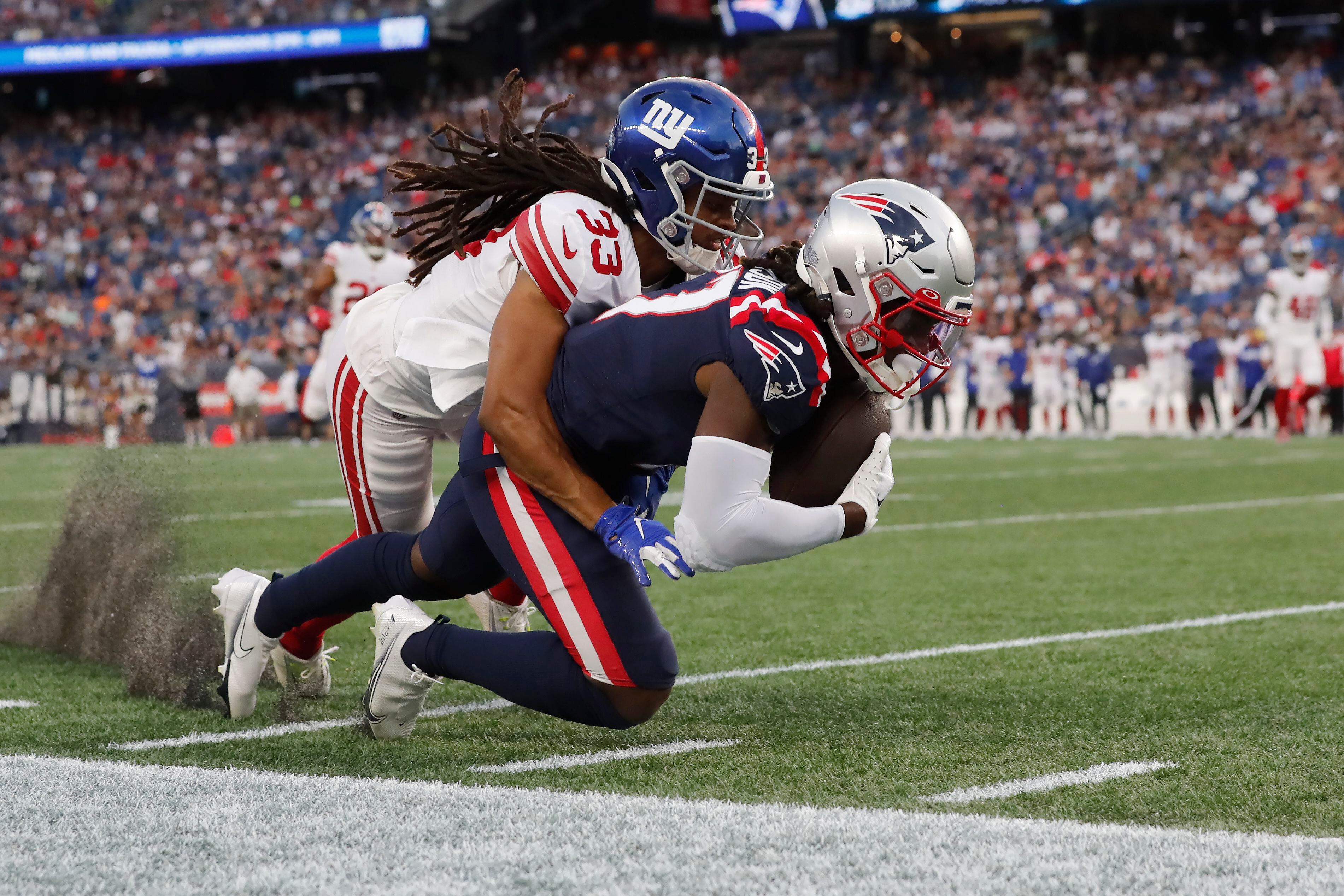 New England Patriots quarterback Brian Hoyer (5) tosses the ball during the  first half of an NFL preseason football game against the Las Vegas Raiders,  Friday, Aug. 26, 2022, in Las Vegas. (